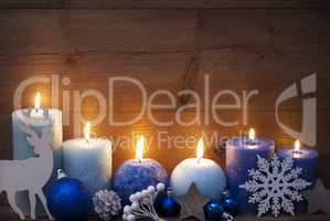 Christmas Decoration With Blue Candles, Reindeer, Ball