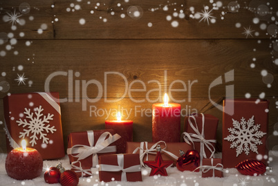 Christmas Decoration, Red Candles, Presents And Snow, Snowflakes