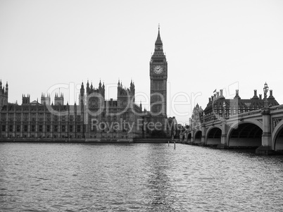 Black and white Houses of Parliament in London