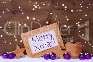 Purple Christmas Decoration Text Merry Xmas, Snowflakes
