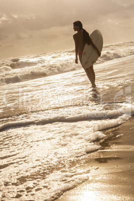 Woman Bikini Surfer & Surfboard Sunset Beach