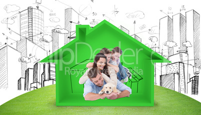 Composite image of happy family with puppy