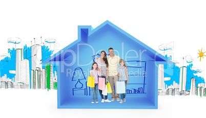 Composite image of happy family carrying shopping bags