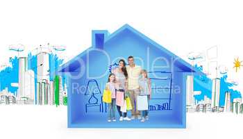 Composite image of happy family carrying shopping bags