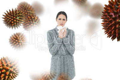 Composite image of portrait of a casual young woman suffering fr
