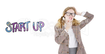 Composite image of geeky hipster thinking with hands on chin and