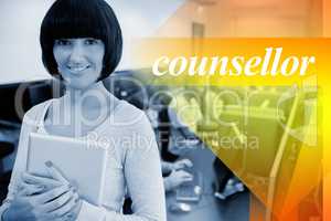 Counsellor against teacher with tablet pc