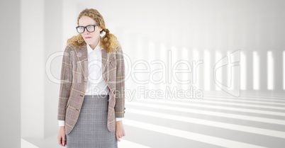 Composite image of geeky hipster woman looking nervous