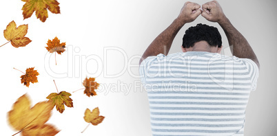 Composite image of upset man leaning on white background