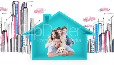 Composite image of happy family lying on top of each other with