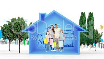 Composite image of happy family carrying shopping bags