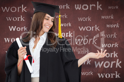 Composite image of a woman holding her hand out with a degree in