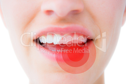 Composite image of pretty woman showing her teeth