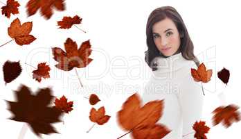 Composite image of pretty brunette in white jumper posing