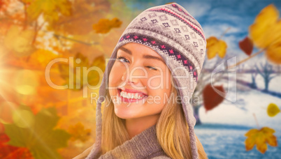 Composite image of happy blonde in winter clothes posing