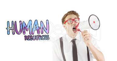 Composite image of geeky businessman shouting through megaphone