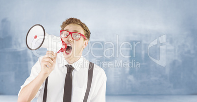 Composite image of geeky businessman shouting through megaphone