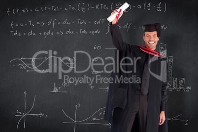 Composite image of smiling handsome boy showing his diploma to t