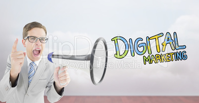 Composite image of geeky businessman shouting through megaphone