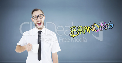 Composite image of geeky smiling businessman holding mug