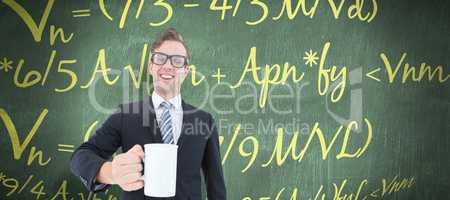 Composite image of happy geeky businessman holding coffee mug