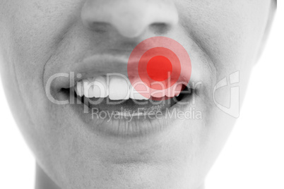 Composite image of pretty woman showing her teeth