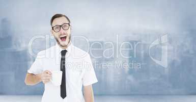 Composite image of geeky smiling businessman holding mug