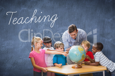 Teaching against blue chalkboard