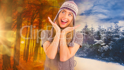 Composite image of happy blonde in winter clothes posing