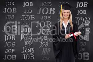 Composite image of smiling blonde student in graduate robe holdi