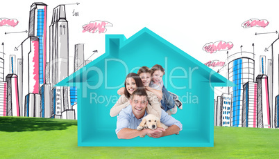 Composite image of happy family lying on top of each other with