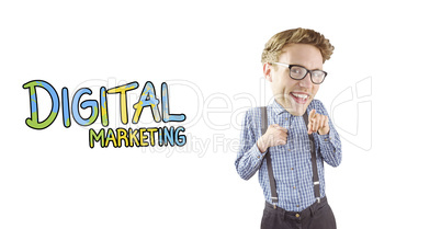 Composite image of geeky businessman pointing