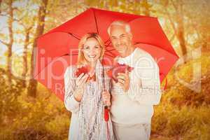 Composite image of portrait of happy couple under red umbrella