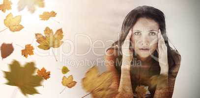 Composite image of portrait of upset woman with headache