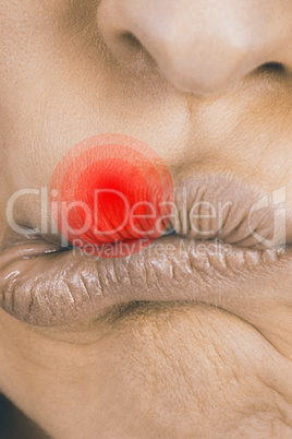 Composite image of close up of woman with lips pursed