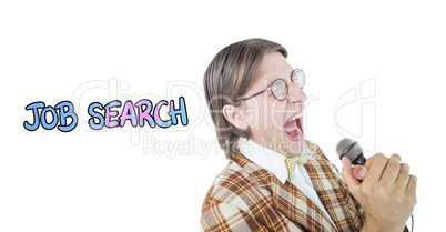 Composite image of happy geeky hipster singing with microphone