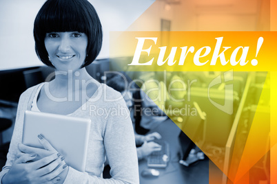 Eureka! against teacher with tablet pc