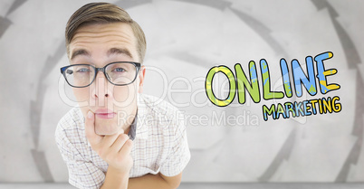 Composite image of geeky hipster thinking with hand on chin
