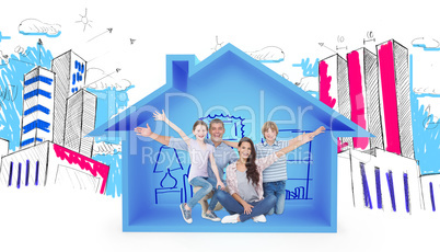 Composite image of happy family with arms outstretched over whit