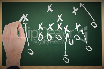 Composite image of hand of a businessman writing with a white ch