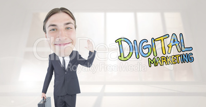 Composite image of geeky businessman waving