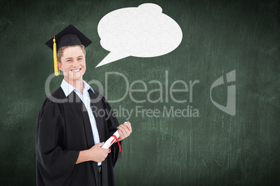 Composite image of a smiling man looking at the camera as he gra