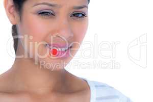 Composite image of portrait of beautiful woman biting lips