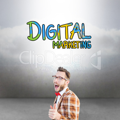 Composite image of geeky hipster pointing at camera