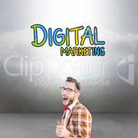 Composite image of geeky hipster pointing at camera