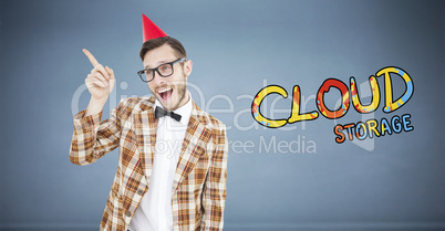 Composite image of geeky hipster in party hat pointing