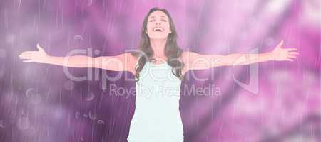 Composite image of carefree brunette with arms out