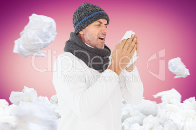 Composite image of sick man in winter fashion sneezing
