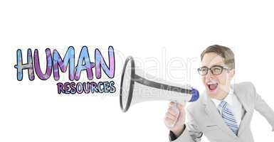 Composite image of geeky businessman shouting through megaphone