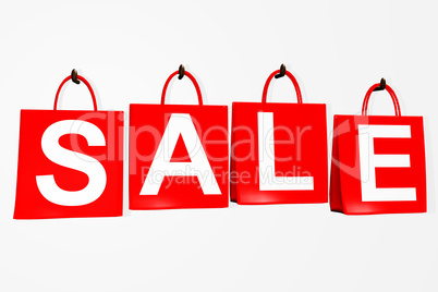 Four shopping bags with the word SALE Hanging on the wall